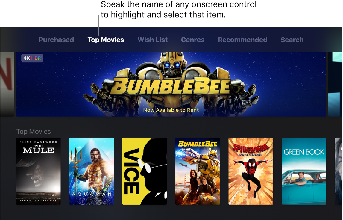 iTunes Movie Store showing menu commands that can be spoken