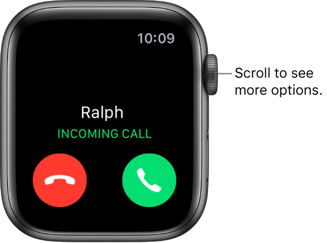 The Apple Watch screen when you receive a call: the name of the caller, the words “Incoming Call,” the red Decline button, and the green Answer button.
