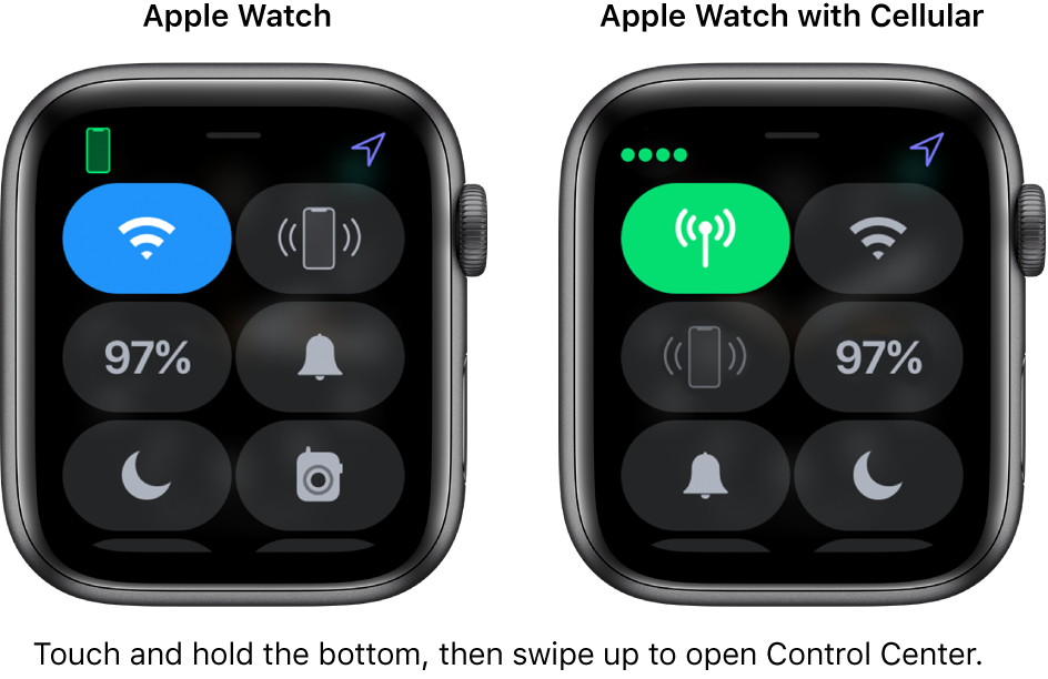 Two images: Apple Watch without cellular on the left, showing Control Center. The Wi-Fi button is at the top left, Ping iPhone button at the top right, Battery Percentage button at the center left, Silent Mode button at the center right, Do Not Disturb at the bottom left, and Walkie-Talkie button at the bottom right. The right image shows Apple Watch with cellular. Its Control Center shows the Cellular button at the top left, Wi-Fi button at the top right, Ping iPhone button at the center left, Battery Percentage button at the center right, Silent Mode button at the bottom left, and Do Not Disturb button at the bottom right.