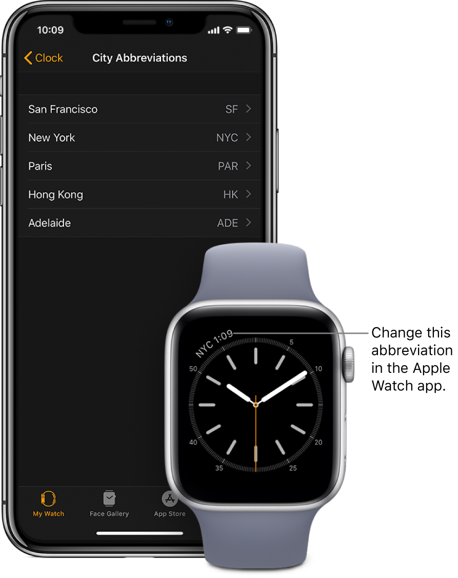 Watch face with pointer to the time in New York City, using the abbreviation NYC. The next screen shows the list of cities in City Abbreviations settings, in Clock settings in the Apple Watch app on iPhone.