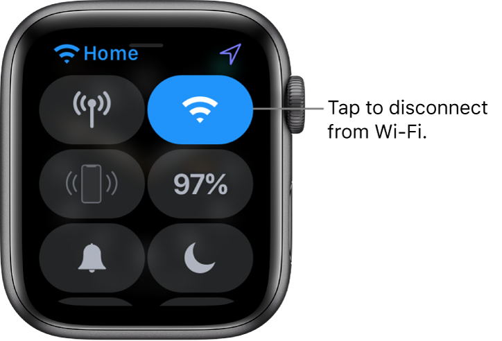 Control Center on Apple Watch (GPS + Cellular), with Wi-Fi button at the top right. Callout reads “Tap to disconnect from Wi-Fi.”