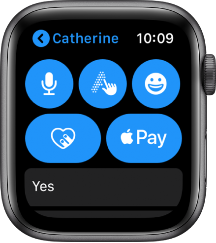 A Messages screen showing the Apple Pay button at the bottom-right.