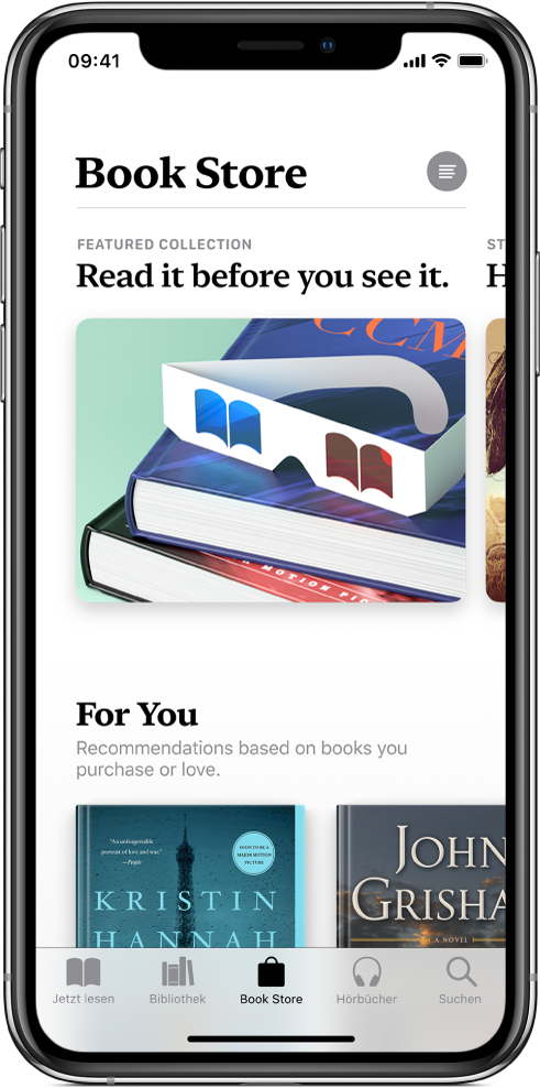 Ein Bildschirm des Book Store in der App „Bücher“. Unten auf dem Bildschirm sind von links nach rechts die Tabs „Jetzt lesen“, „Bibliothek“, „Book Store“, „Hörbücher“ und „Suchen“ zu sehen, wobei der Tab „Book Store“ ausgewählt ist. Auf dem Bildschirm sind auch Bücher verschiedener Kategorien zu sehen, die durchsucht und erworben werden können.