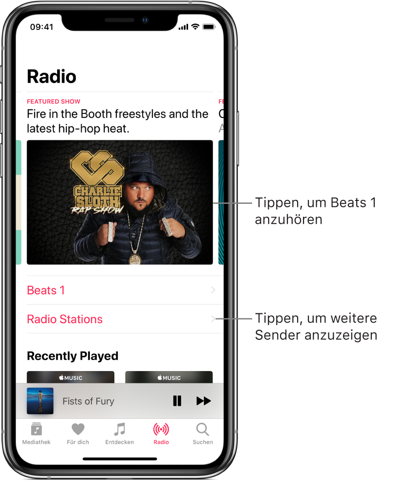 Der Bildschirm „Radio“ mit dem Sender Beats 1 oben. Darunter sind die Einträge „Beats 1“ und „Radiosender“ zu sehen.