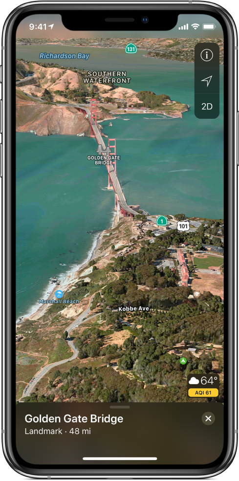 A 3D satellite map of the area around the Golden Gate Bridge. The Tracking Off, Settings, and 2D buttons appear in the upper right, and a weather icon with a temperature reading and an air quality index appears in the lower right.