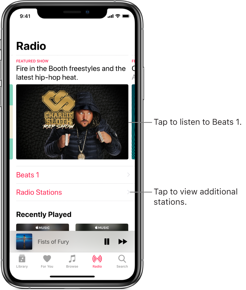 The Radio screen showing Beats 1 Radio at the top. Beats 1 and Radio Stations entries appear below.