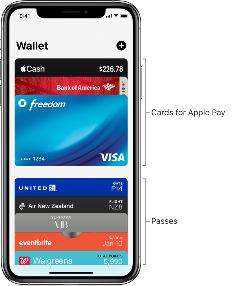 The Wallet screen, showing several credit and debit cards and passes.
