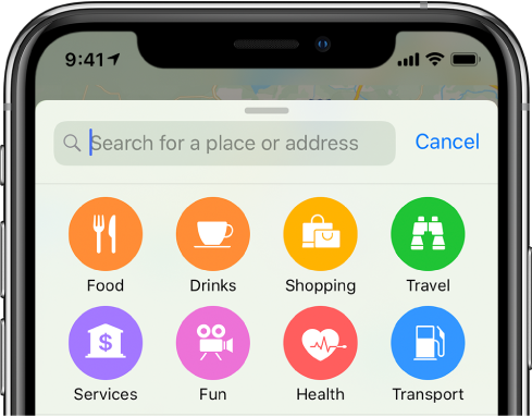Buttons for eight services appear below the search field. The buttons in the top row are labeled Food, Drinks, Shopping, and Travel. The buttons in the bottom row are labeled Services, Fun, Health, and Transport.