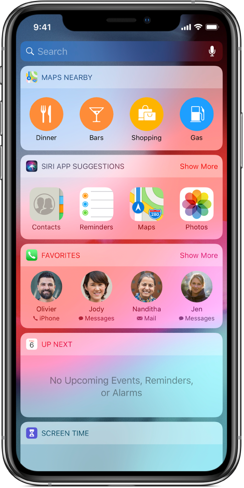 Today View showing widgets for Maps Nearby, Siri App Suggestions, Favorites, Up Next, and Screen Time.