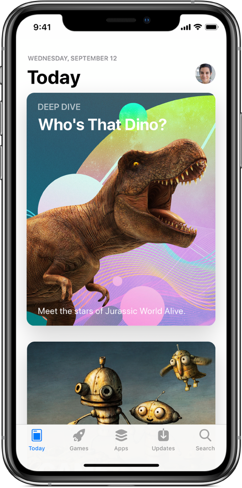 The Today screen of the App Store showing a featured app. Your profile picture, which you tap to view purchases, is in the top right. Along the bottom, from left to right, are the Today, Games, Apps, Updates, and Search tabs.