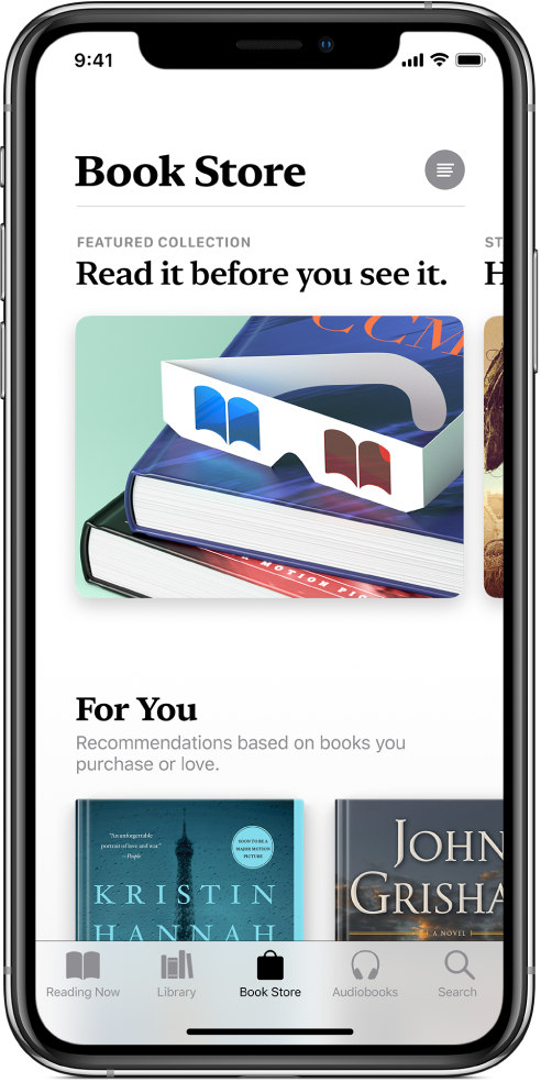 Programos „Books“ skirtuko „Book Store“ ekranas. Ekrano apačioje iš kairės į dešinę pateikiami skirtukai „Reading Now“, „Library“, „Book Store“, „Audiobooks“ ir „Search“ – pasirinktas skirtukas „Book Store“. Ekrane taip pat rodomos knygos ir knygų kategorijos, kurias galima naršyti ir įsigyti.