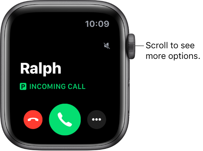 The Apple Watch screen when you receive a call: the name of the caller, the words “Incoming Call,” the red Decline button, the green Answer button, and the More Options button.