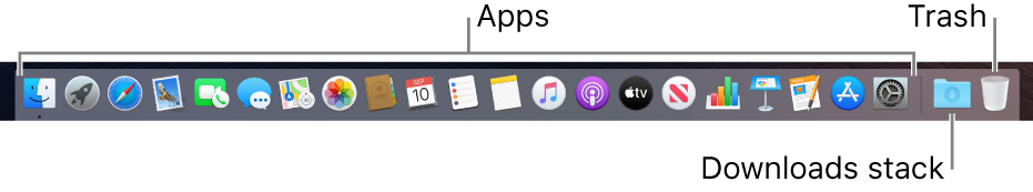 The Dock showing icons for apps, the Downloads stack, and the Trash.