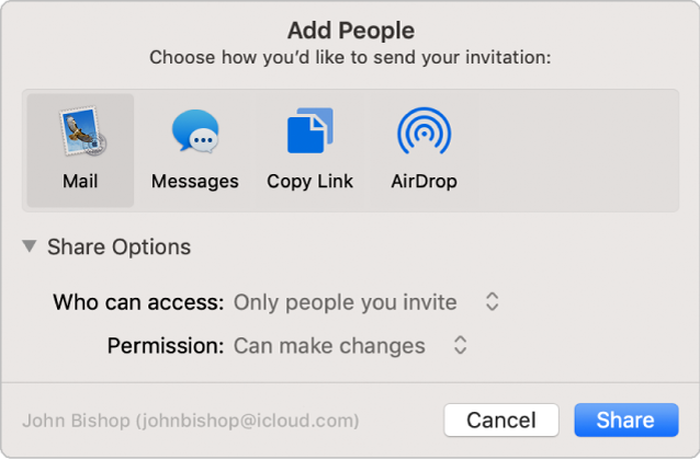 Add People window showing apps that you can use to make invitations and the options for sharing documents.