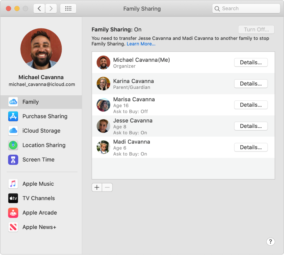 Family Sharing preferences showing different account options in the sidebar, and on the right, family members and their details.