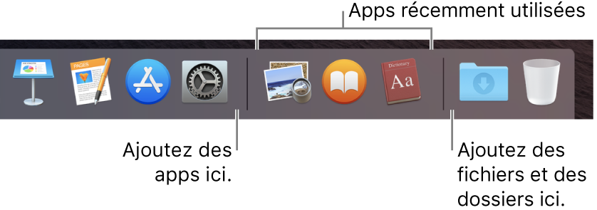 L’extrémité droite du Dock. Ajouter des apps à la gauche de la section des apps récemment utilisés et ajouter des dossiers à la droite de cette section, où la pile Téléchargements et la Corbeille se trouvent.