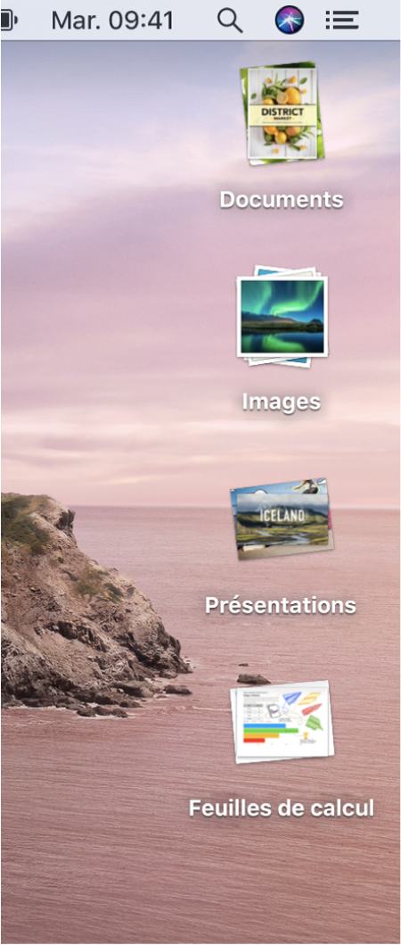 Un bureau Mac qui comportent quatre piles—pour les documents, les images, les présentations et les feuilles de calculs—sur le bord droit de l’écran.