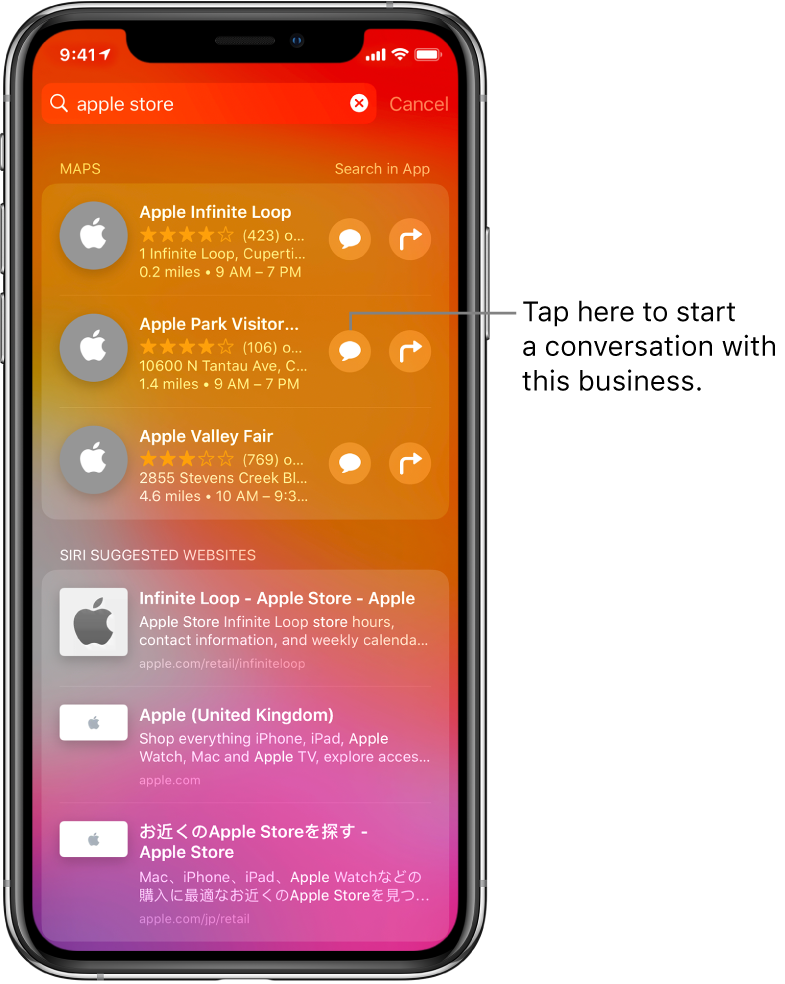 The Search screen showing found items for Apple Store in App Store, Maps, and Websites. Each item shows a brief description, rating, or address, and each website shows a URL. The first item shows a button to tap to start a business chat with the Apple Store.