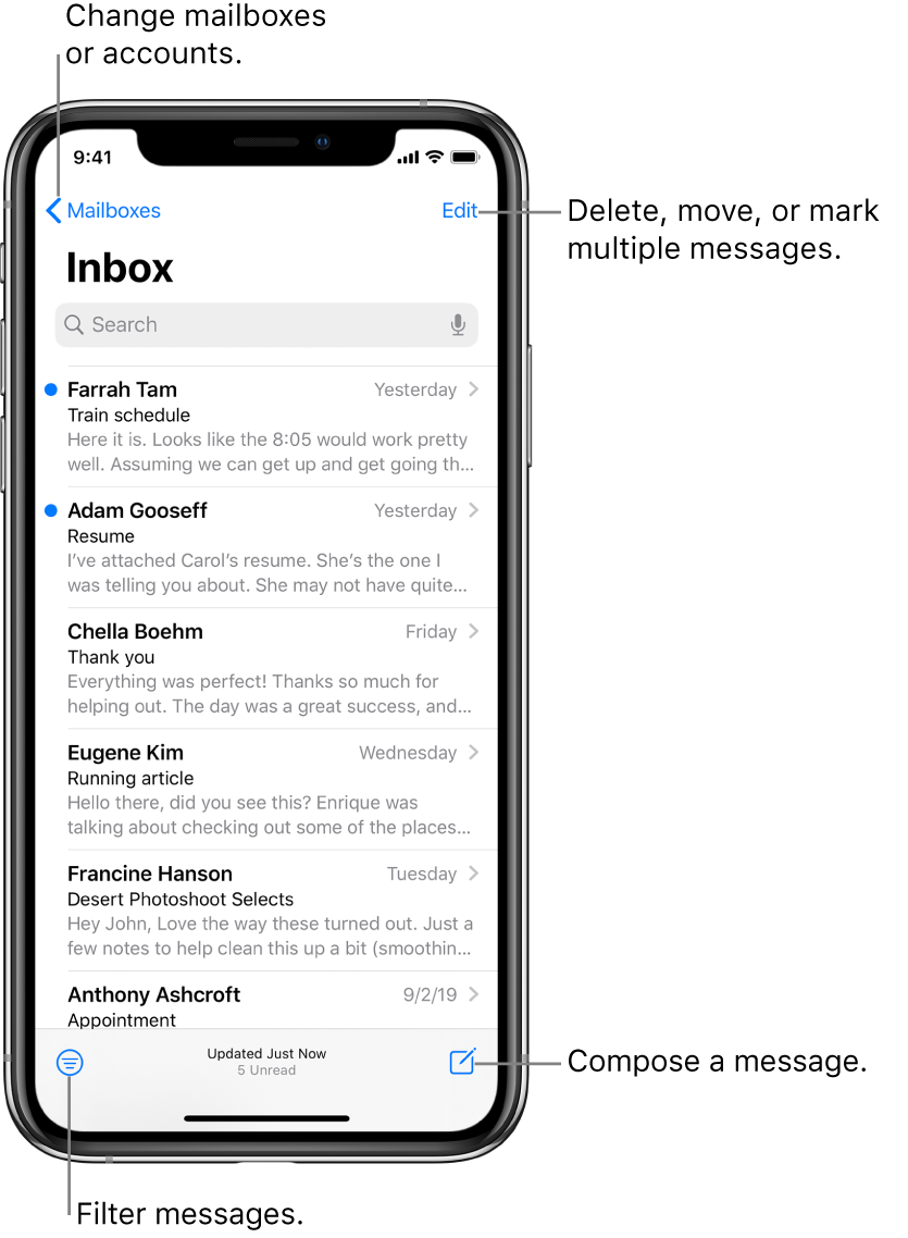 The Inbox, showing a list of emails. The Mailboxes button for switching to another mailbox is in the top-left corner. The Edit button for deleting, moving, or marking emails is in the top-right corner. The button for filtering emails so only certain kinds of emails show is in the bottom-left corner. The button for composing a new email is in the bottom-right corner