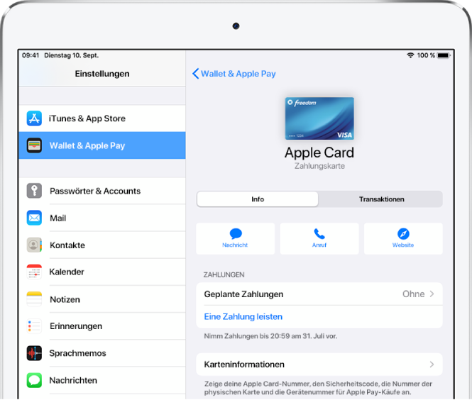 Der Bildschirm mit den Details zu deiner Apple Cash-Karte. Oben rechts wird der Kontostand angezeigt.