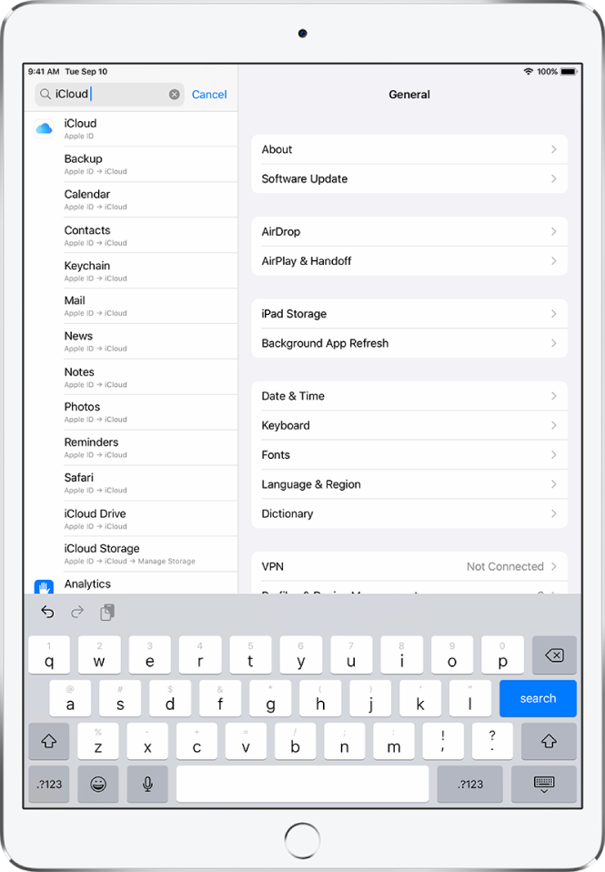 The search settings screen, with the search field at the top. The search term “iCloud” is in the search field, and the found settings are in the list below.