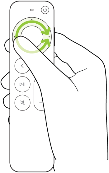 Illustration montrant le geste de rotation sur le cercle du clickpad de la télécommande Siri Remote (2e génération) pour faire défiler une vidéo vers l’avant ou vers l’arrière.