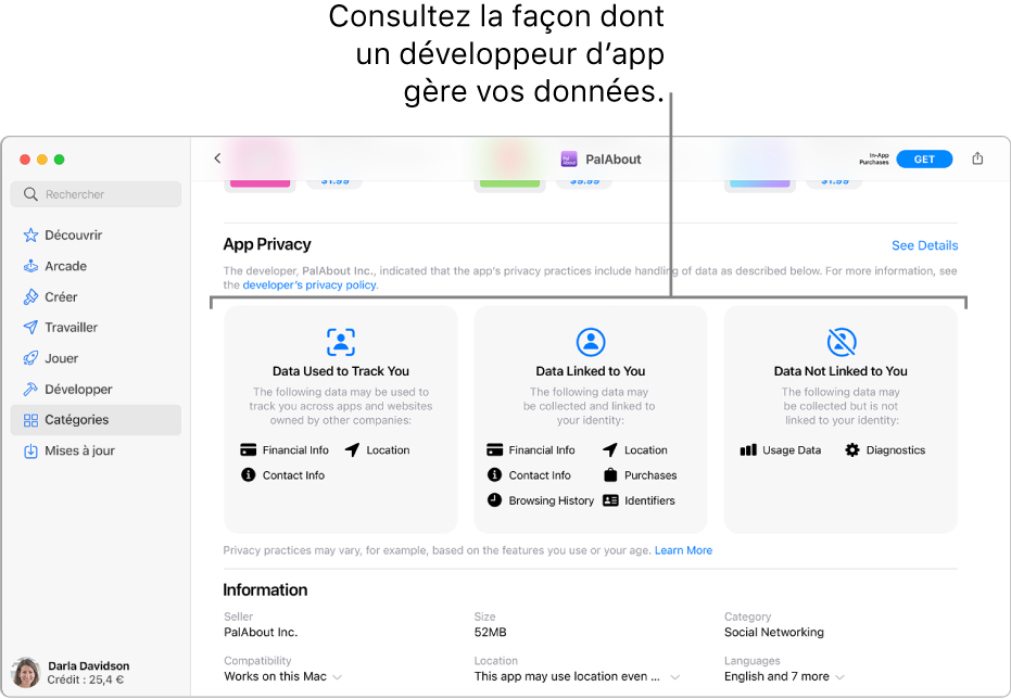 Une partie de la page principale Mac App Store, affichant l’engagement de confidentialité du développeur de l’app sélectionnée : Data Used to Track You (« Données utilisées pour vous suivre »), Data Linked to You (« Données liées à vous ») et Data Not Linked to You (« Données non liées à vous »).