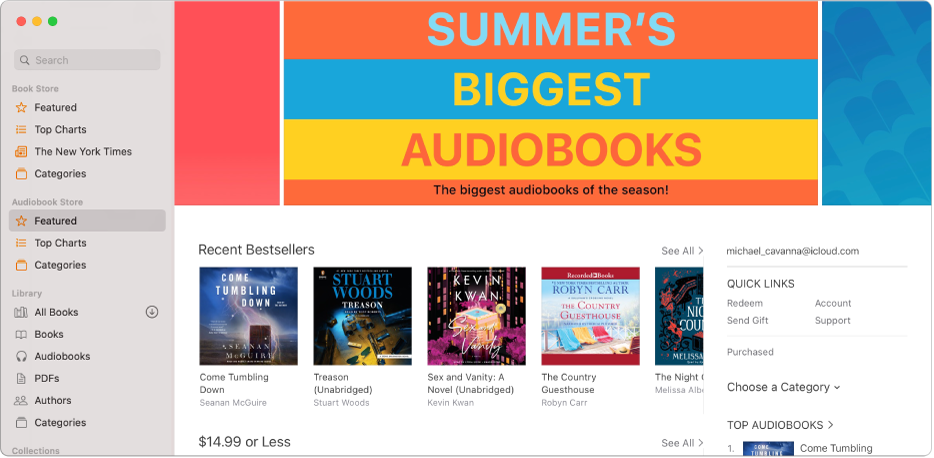 The main window of the Audiobook Store, showing featured audiobooks.
