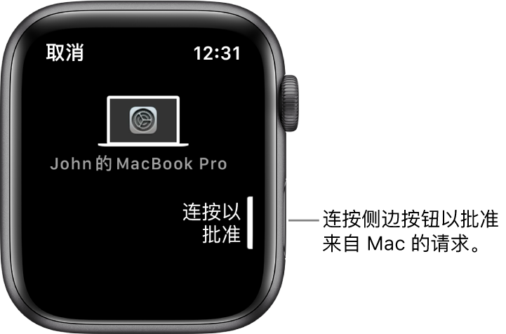 Apple Watch 显示来自 MacBook Pro 的批准请求。