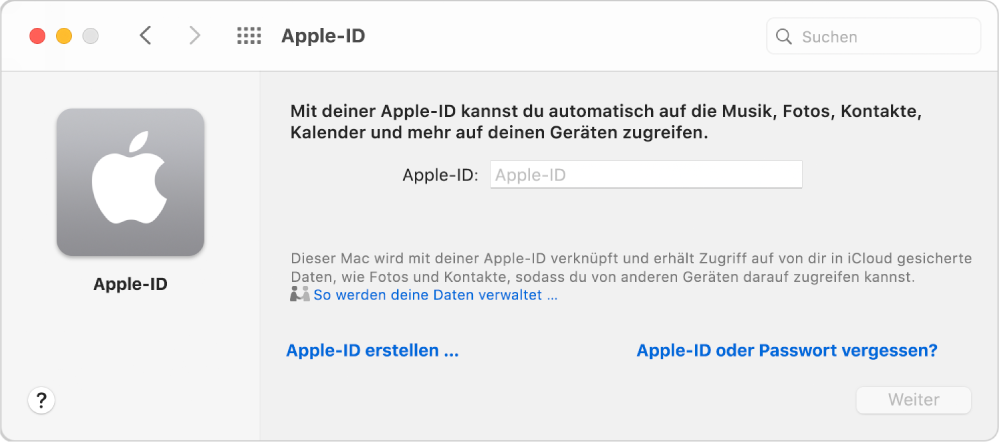 Apple-ID-Dialogfenster für die Eingabe eines Namens für eine Apple-ID. Ein Link „Apple-ID erstellen“ ermöglicht es dir, eine neue Apple-ID zu erstellen.