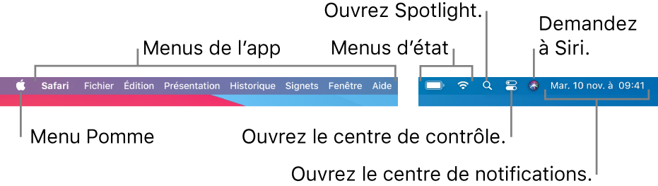 La barre des menus. Le menu Pomme et les menus d’app se trouvent à gauche. Les menus d’état, Spotlight, Centre de contrôle, Siri et du Centre de notifications se trouvent à droite.