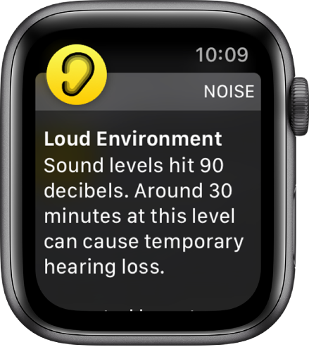 The Noise screen showing a decibel level of 90 dB. A warning that cautions against long-term exposure to sounds at this level appears below.