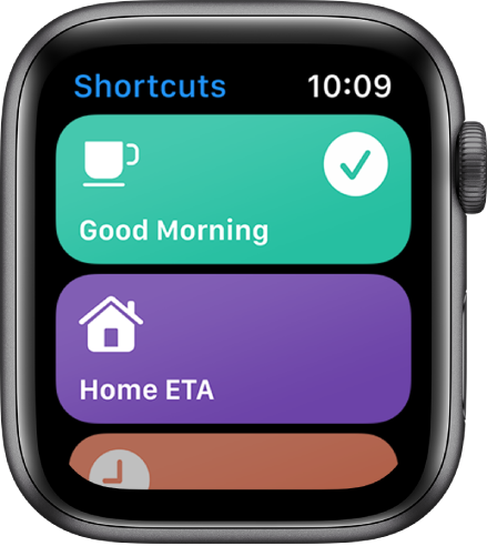 The Shortcuts app on Apple Watch showing two shortcuts—Good Morning and Home ETA.