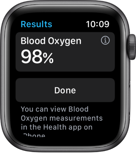 The Blood Oxygen results screen showing a blood oxygen saturation of 98 percent. A Done button is below.