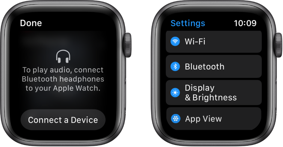 Two screens side by side. On the left is a screen prompting you to connect Bluetooth headphones to your Apple Watch. A Connect a Device button is at the bottom. On the right is the Settings screen, showing Wi-Fi, Bluetooth, Brightness & Text Size, and App View buttons in a list.