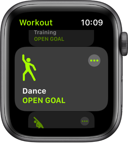The Workout screen with the Dance workout highlighted.