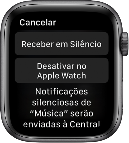 Ajustes de Notificações no Apple Watch. O botão superior diz “Entregar em Silêncio” e o botão inferior, “Desativar no Apple Watch”.