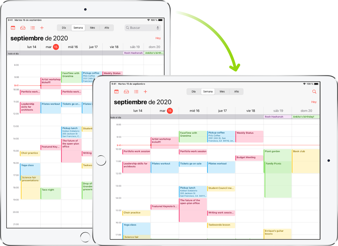 En segundo plano, el iPad muestra una pantalla de Calendario en orientación vertical y, en primer plano, el iPad se ha girado para mostrar la pantalla en horizontal.
