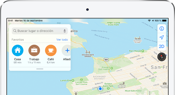 Mapa del Área de la Bahía de San Francisco con tres favoritos que se muestran debajo del campo de búsqueda. Los favoritos son Casa, Trabajo y Café.