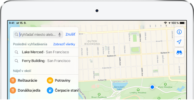 Na karte vyhľadávania na ľavej strane obrazovky sa zobrazujú štyri kategórie služieb v okolí: Reštaurácie, Potraviny, Rozvoz potravín a Čerpacie stanice.