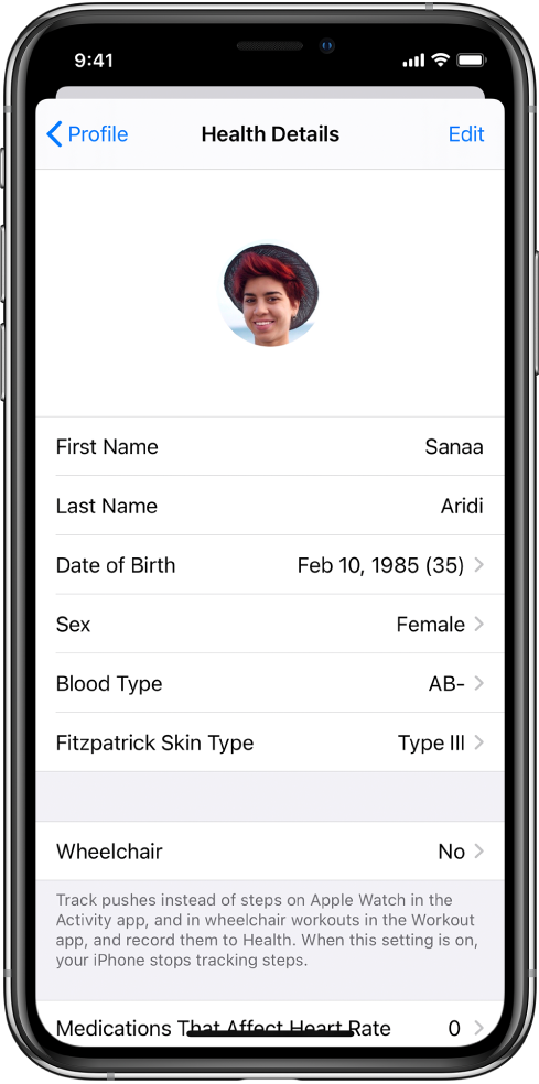 The Health Details screen for a 35-year old female.