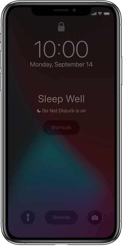 The iPhone screen showing “Sleep Well” and “Do Not Disturb is on” in the center. Below that is the Shortcuts button. At the bottom of the screen, from left to right, are the Flashlight, Dismiss, and Camera buttons.