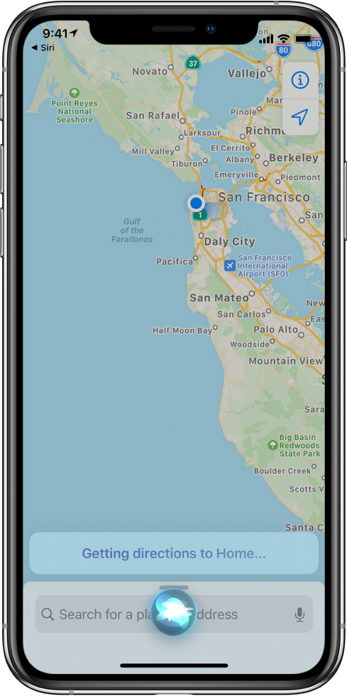 A map showing the Siri response “Getting directions to Home” at the bottom of the screen.