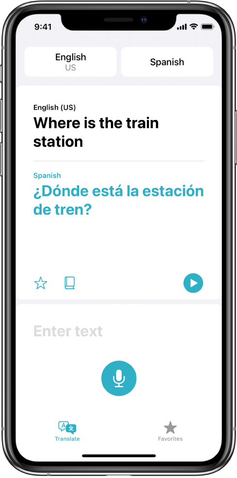 The Translate screen, showing two selected languages—English and Spanish—at the top, a translation in the center, and the Enter text field near the bottom.