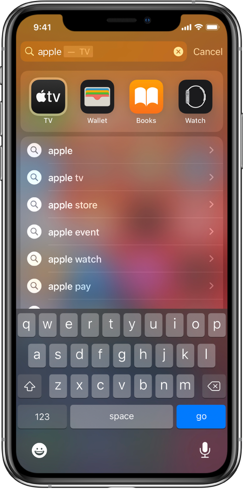 A screen showing a search on iPhone. At the top is the search field with the search text “apple,” and below it are search results found for the target text.