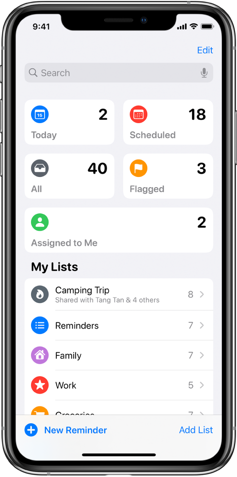 A screen showing several lists in Reminders. Smart lists appear at the top for reminders due today, scheduled reminders, all reminders, and flagged reminders. The Add List button is at the bottom right.