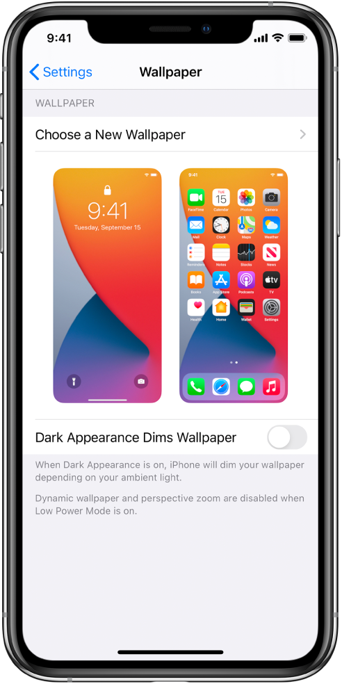 The Wallpaper Settings screen, with the button for choosing a new wallpaper at the top and images of the Lock Screen and Home Screen with the current wallpaper.