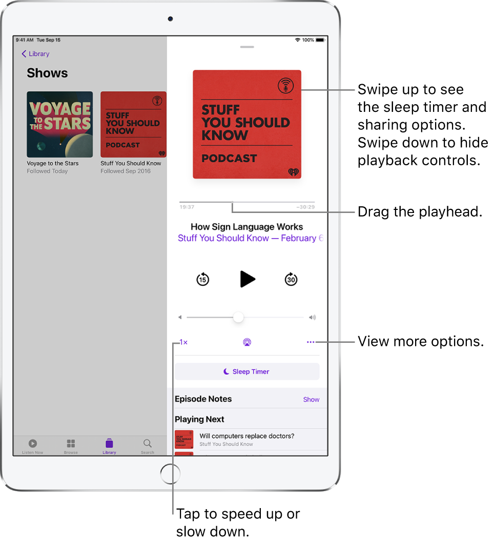 Podcast playback controls on the right side of the screen. In the center is the control for playing or pausing the podcast. Below it is the volume control. At the top of the screen is a slider to rewind or move ahead in the podcast. In the bottom-left corner is the control for changing the playback speed. In the bottom-right corner is the More button.