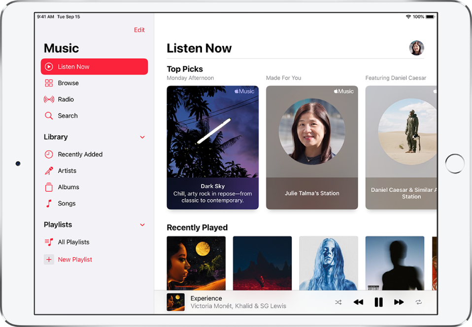 The Listen Now screen showing the sidebar on the left and the Listen Now section at the right. The Listen Now section has the profile button at the top right. Top Picks playlists appear below. Below Top Picks is the Recently Played section, showing four albums.