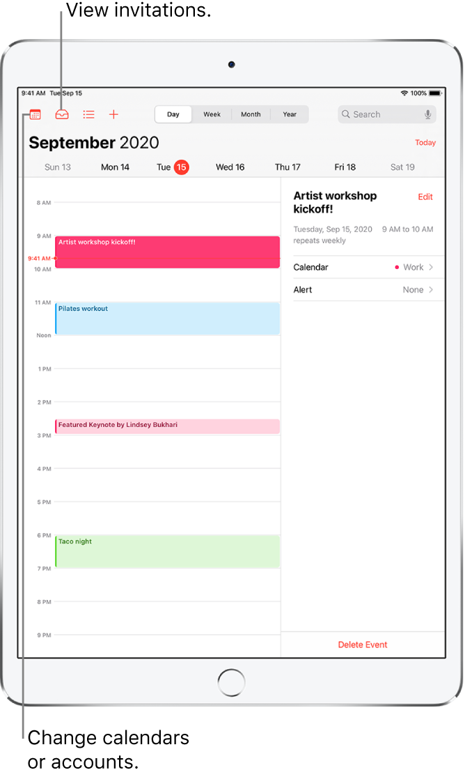 A calendar in day view. Tap the buttons at the top to change the view between Day, Week, Month, and Year. Tap the Calendars button to change calendars or accounts. Tap the Inbox button, located at the top left, to view invitations.